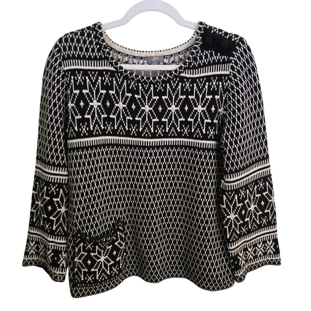 J. Jill Vintage Black Cream Embroidered Nordic Pocket Sweater Size S